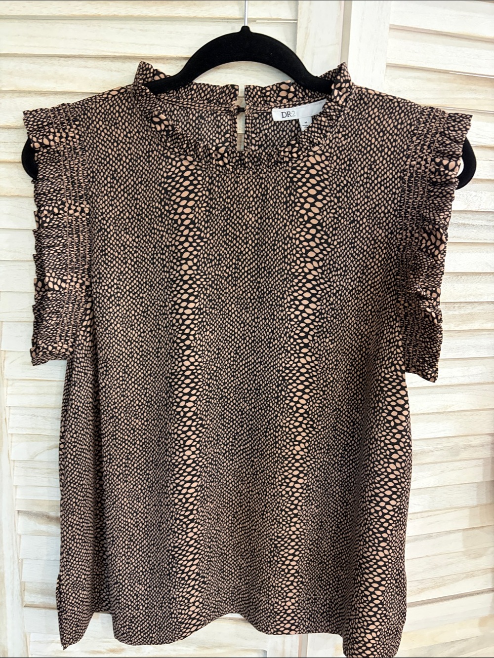 DR2 Black and Beige Animal-Print Ruffle-Sleeve Blouse